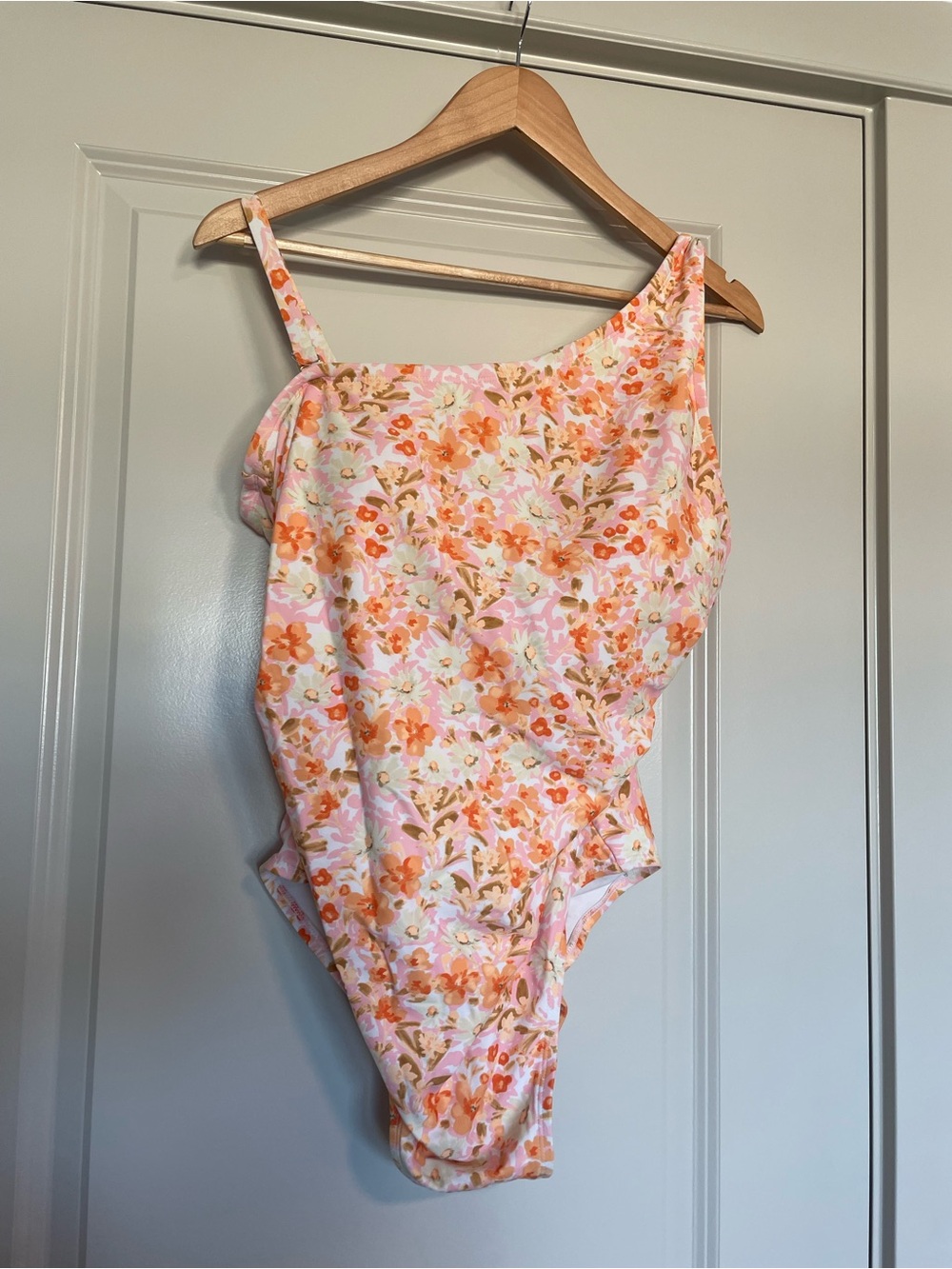Kona Sol Pink and Orange Floral One-Shoulder Swimsuit